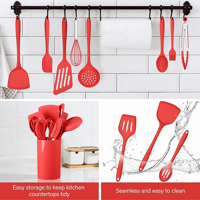 HaWare 11 PCS Silicone Cooking Utensils Set, Heat Resistant Kitchen Utensils with Holder, Food-grade Spatula Sets for Nonstick Cookware, Kitchen Tools Gadgets Include Fish Turner, Spoon (Red) - Image 7