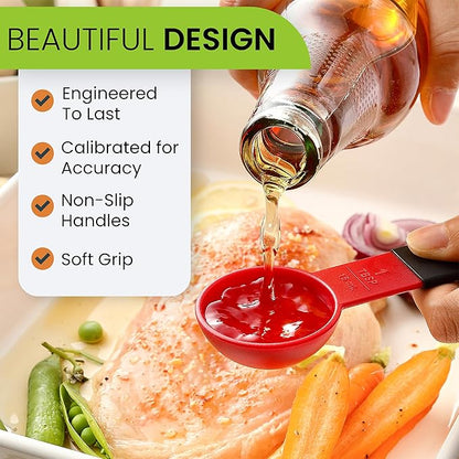 Spring Chef Red Magnetic Measuring Cups and Spoons Set of 9, Stackable Plastic Kitchen Gadget with Easy to Read Markings - Measure Dry or Liquid Ingredients for Baking & Cooking, BPA Free