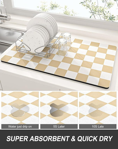 Rnivvi Dish Drying Mat for Kitchen Counter, 12 x 19" Cute Checkered Absorbent Draining Pad, Non-Slip Heat Resistant Coffee Bar Mats for Coffee Machine Station Accessories, Beige White Dish Rack Pad - Image 3