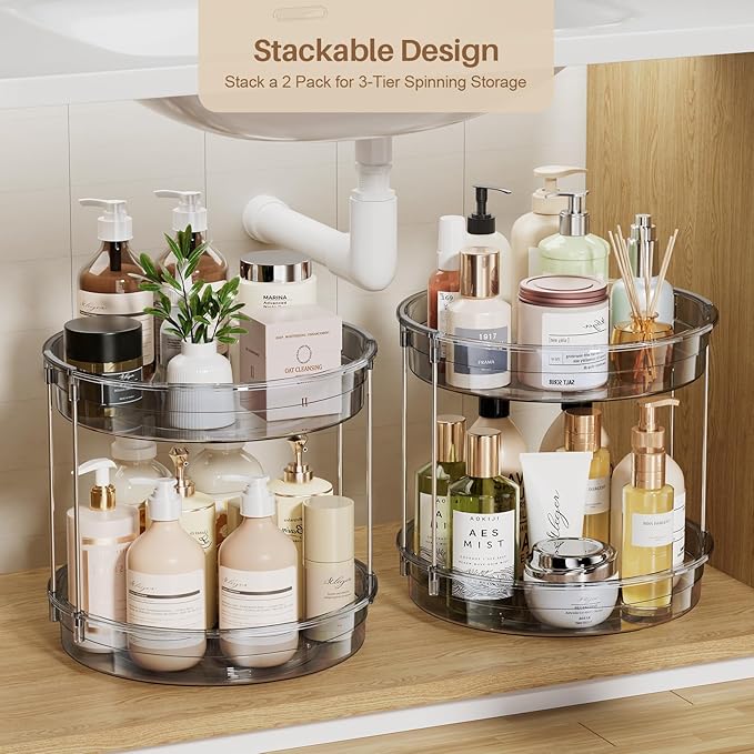 LAMU 2 Pack 2 Tier Lazy Susan Turntable Organizer 12'' Rotating Spice Rack Organization for Cabinet, Kitchen, Pantry, Countertop, Bathroom, Vanity, Medicine Cabinet Organizer, Grey - Image 3