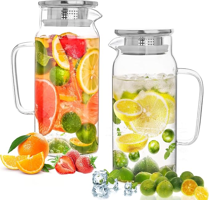 Set of 2 Glass Pitcher with Lid, 1200ml Leak Proof,Glass Water Jugs, BPA-Free,Microwave & Dishwasher Safe Pitcher,Sun & Iced Tea, Sangria,Cold Brew Coffee & More by Liuruiyu