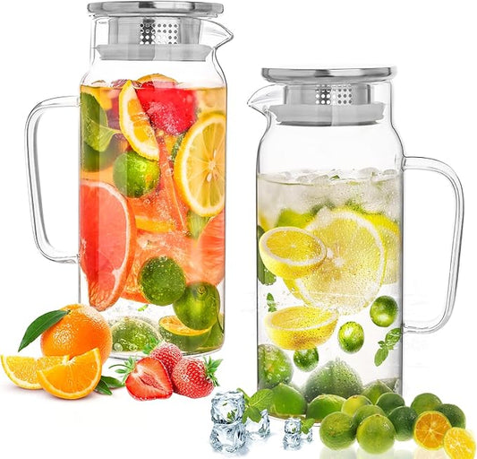 Set of 2 Glass Pitcher with Lid, 1200ml Leak Proof,Glass Water Jugs, BPA-Free,Microwave & Dishwasher Safe Pitcher,Sun & Iced Tea, Sangria,Cold Brew Coffee & More by Liuruiyu
