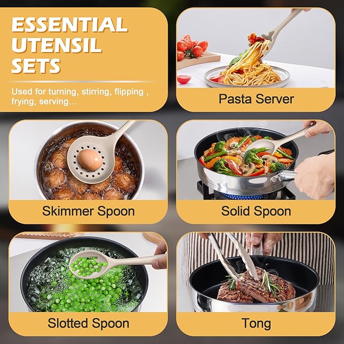 15-Piece Kitchen Cooking Utensils Set with Holder, Homikit Heat Resistant Food Grade Silicone Kitchen Utensils include Slotted Spatula Ladle Turner for Nonstick Cookware, Dishwasher Safe- Khaki - Image 4