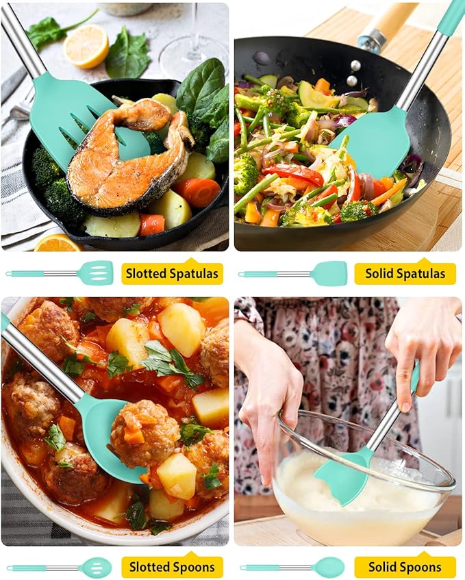 Pack of 4 Silicone Cooking Utensils Set, Non Stick Large Solid Spatulas, Heat Resistant Blue Slotted Spoons, Ideal BPA Free Kitchen Turners for Frying, Mixing,Serving,Draining,Turning,Stirring - Image 3