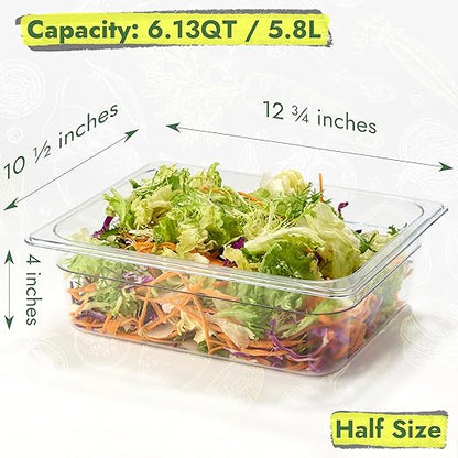 CURTA 4-Pack 1/2 Size 4" Deep NSF Polycarbonate Food Pans with Handled Lids & Drain Trays | Dishwasher & Freezer Safe Clear Container for Prep Tables, Buffet, Salad Bar, Commercial & Home Kitchen