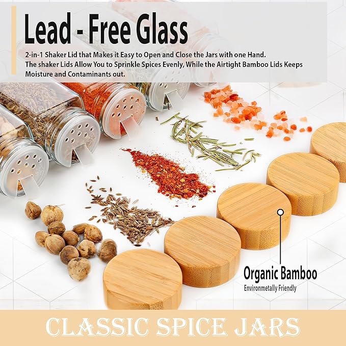Glass Spice Jars with Bamboo Airtight Lids - (6 Pack) - 4 oz Square Spice Bottles with Shaker Lids - Clear Empty Shaker Seasoning Jars with Preprinted Spice Jars Labels and Collapsible Funnel Included - Image 4