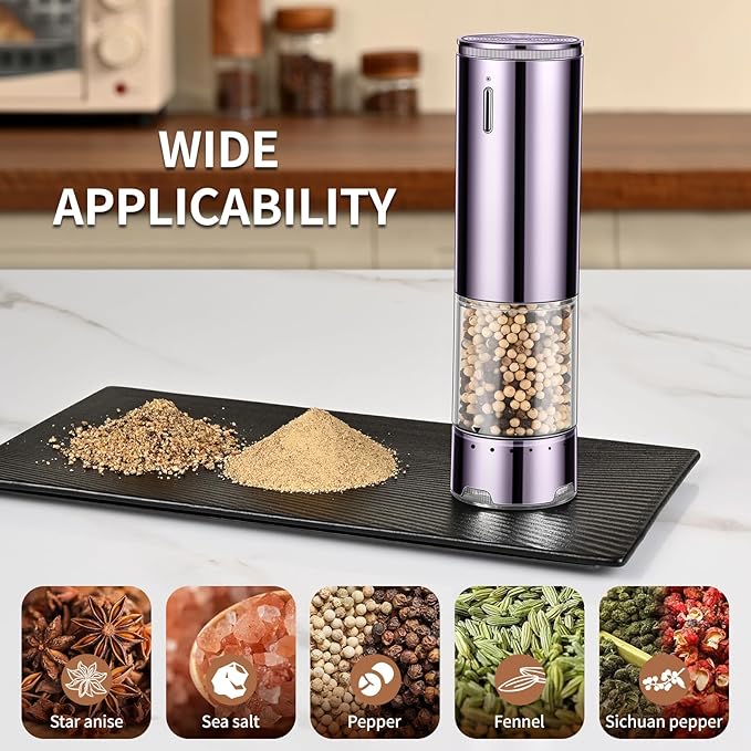 Rechargeable Salt & Pepper Grinder Set - Electric Automatic Grinder, Adjustable Coarseness, LED Light, One-Hand Operation, Stainless Steel & Acrylic, USB Charging, Purple (Set of 2)