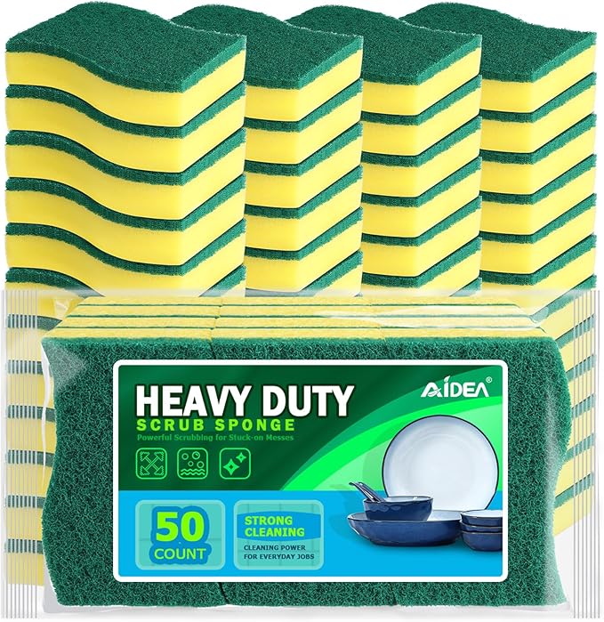AIDEA Sponges Kitchen, 50 Pack Heavy Duty Dish Sponge, Cleaning Dish Scrubber for Home and Kitchen, Stink-Free Cleaning Supplies for Pots, Pans by AIDEAHOME