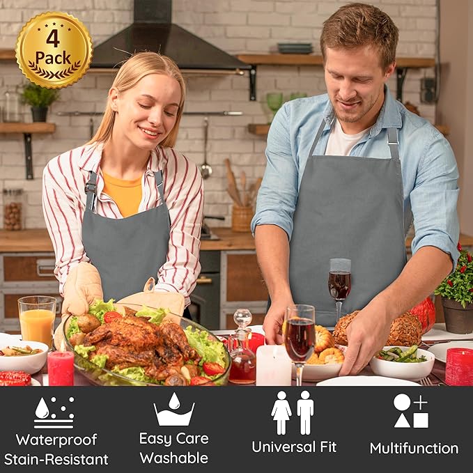 4 Packs Chef Apron, Waterproof Apron, Adjustable Aprons with 2 Pockets for Men Women, Professional Aprons for Kitchen Cooking Gardening Painting Baking Restaurant (Gray) - Image 2
