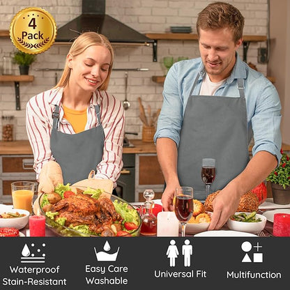 4 Packs Chef Apron, Waterproof Apron, Adjustable Aprons with 2 Pockets for Men Women, Professional Aprons for Kitchen Cooking Gardening Painting Baking Restaurant (Gray) - Image 2