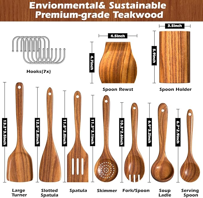Natural Teak Kitchen Cooking Utensil Set with Holder, Wooden Spoons for Cooking, 10PCS Cooking Spatulas Set with Spoon Rest, Wooden Utensil Set for Nonstick Cookware Sturdy & Lightweight - Image 2