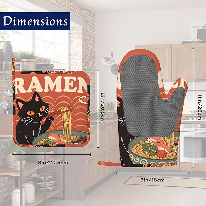 Black Cat Ramen Oven Mitts and Pot Holders Abstract Funny Silicone Kitchen Accessories Set of 4 Heat Resistant Non-Slip Long Gloves Potholder for Chef Cooking Baking Gifts Women Men