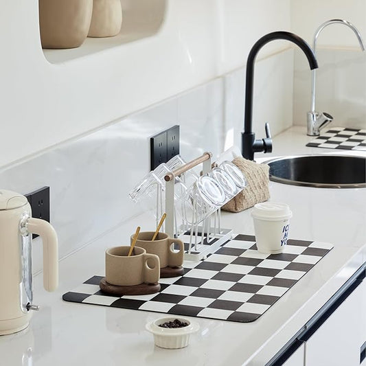 Ohocut Checkered Dish Drying Mat for Kitchen Counter, Coffee Bar Station Accessories, Retro Cute Aesthetic Modern Absorbent Drainer Mat Kitchen Drying Mat Easy Clean, Black 12" x 19" by Ohocut