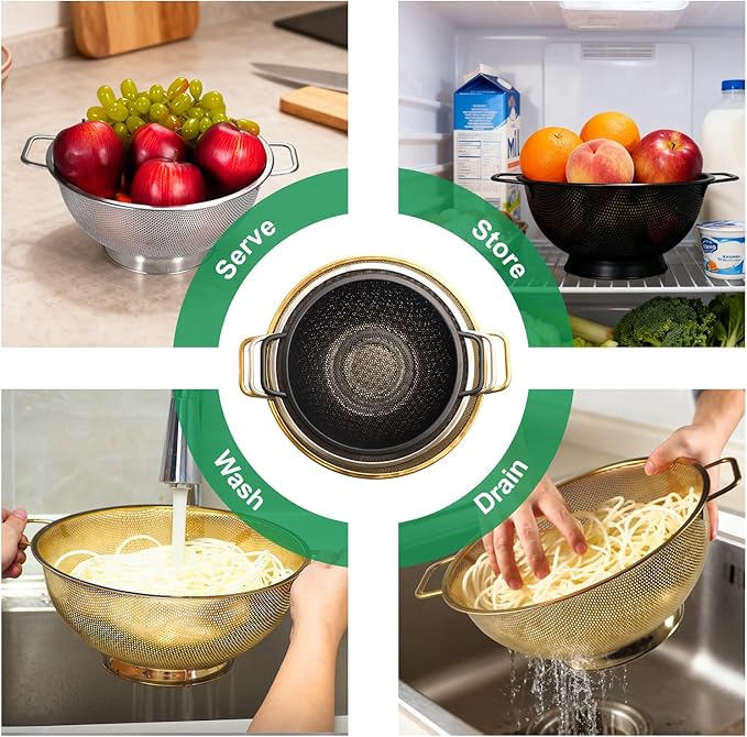 3PCS Three Colors Mix Colander Set, 3QT Black & 4QT Silver & 5QT Gold, Stainless Steel Pasta Strainer with Handle for Prepping Washing Draining Storing Food, Dishwasher Safe - Image 5