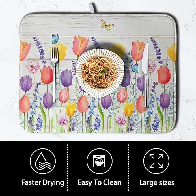 Tulip Floral Dish Drying Mat for Kitchen Counter Watercolor Spring Flower Dish Mat Absorbent Microfiber Dish Draining Mat Reversible Heat Resistant Dishes Pad Large 18 x 24 Inch - Image 4