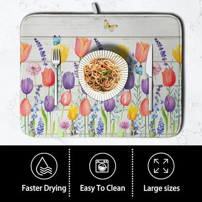 Tulip Floral Dish Drying Mat for Kitchen Counter Watercolor Spring Flower Dish Mat Absorbent Microfiber Dish Draining Mat Reversible Heat Resistant Dishes Pad Large 18 x 24 Inch - Image 4