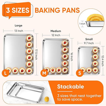 LIANYU Baking Sheet Pans Set of 3, Stainless Steel Cookie Sheets for Baking, 17.5/16/12.4 Inch, Half/Quarter/Jelly Roll Pans for Oven, Mirror Finish Metal Tray, Heavy Duty & Rust Resistant - Image 2