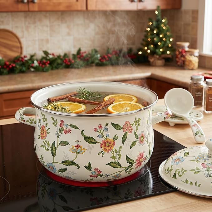 Jucoan 5 Quart Enamel Stockpot with Lid, Green Floral Enamelware Cooking Pot with Dual Handles for Stovetop, Large Soup Pot Potpourri Simmer Pot Gift for Housewarming Bridal Shower Mother's Day - Image 7