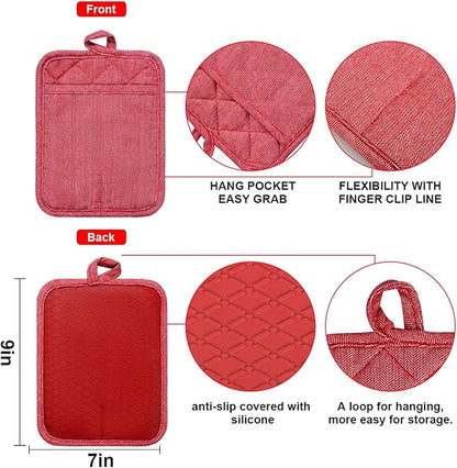 Pot Holders Yarn-Dyed Set of 3 Non Slip Silicone Kitchen Lines Heat Resistant 500℉ Kitchen Gloves BBQ Cooking Baking Cooking Barbecue Microwave Machine Washable (Red Pot Holders)