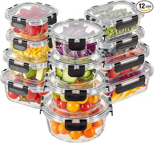 Liuruiyu 12 Pack Glass Food Storage Containers with Lids, Meal Prep Containers, Airtight Bento Boxes with Leak Proof Locking for Microwave, Oven, Freezer and Dishwasher, BPA Free by Liuruiyu