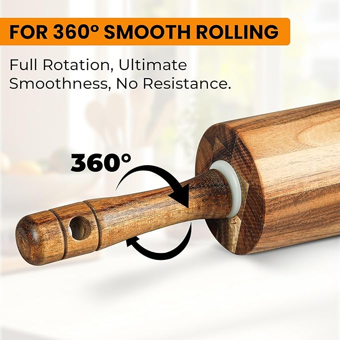 KARRYOUNG Acacia Wood Rolling Pin for Baking, Kitchen Dough Roller With Handles, Rodillo Para Masa, Rolling Pin for Dough, Pizza,Bread, Fondant & Tortilla - Image 5