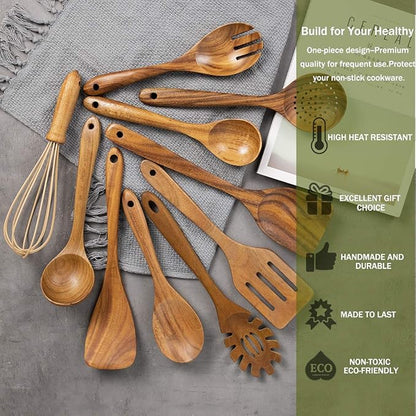 AIUHI 10 Pack Wooden Spoons for Cooking, Teak Wood Kitchen Utensils Set for Non Stick Use, Spatula Set for Stirring, Baking, Non Stick Wooden Utensils for Kitchen - Image 2