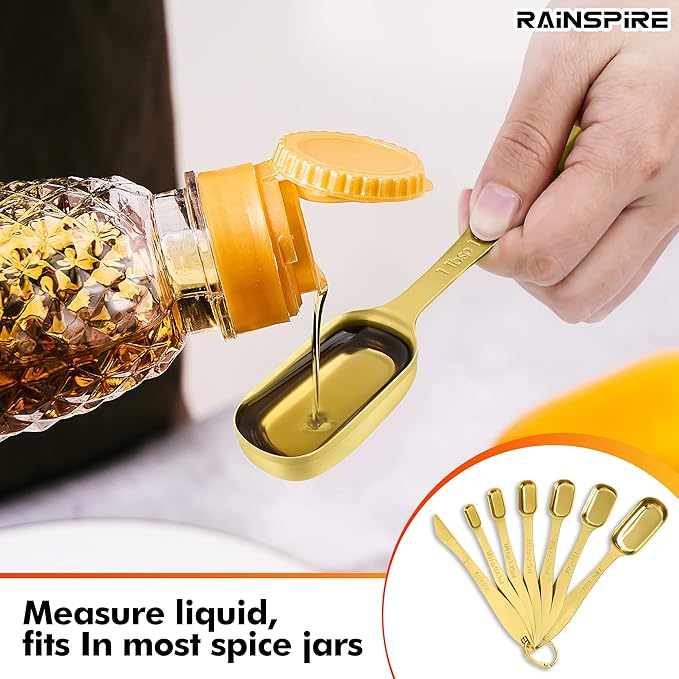 Rainspire Heavy Duty Measuring Spoons Set Stainless Steel, Metal Measuring Cups and Spoons Set for Dry or Liquid, Fits in Spice Jar, Home Gadgets Kitchen Gadgets, Set of 7 Including Leveler, Gold - Image 4