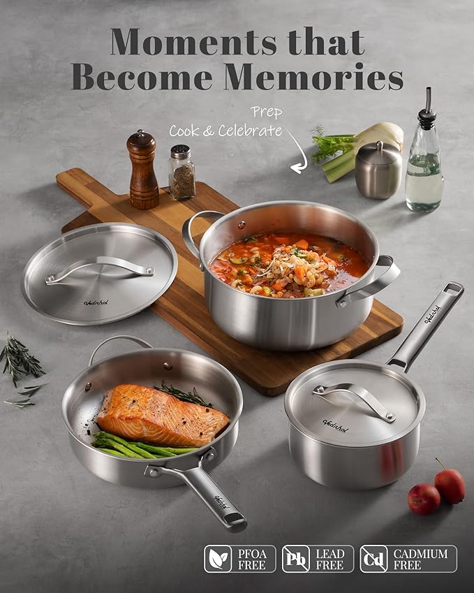 Stainless Steel Cookware Set, 14 Pcs Tir-Ply Pots and Pans Set, PFOA&PTFE Free, Dishwasher&Oven Safe, Kitchen Induction Compatible, ollas de acero inoxidable para cocinar - Image 4