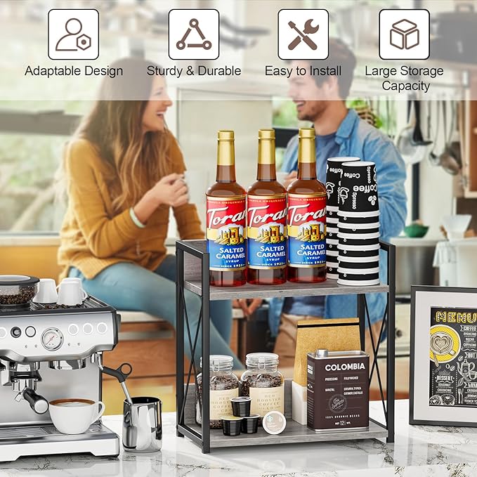 Giikin Coffee Bar Accessories, 2 Tier Spice Rack for Counter, Gray Kitchen Countertop Organizer (Grey, L) - Image 7