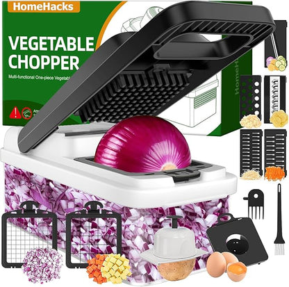 HomeHacks Vegetable Chopper Vegetable Cutter, 12 in 1 Kitchen Gadget, Dicer, Slicer, Onion Cutter, Salad, Cheese Grater & Egg Separator - Multi-Functional Veggie Chopper Lid with Handle (White) by HomeHacks