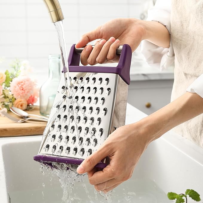 Spring Chef Purple Professional Stainless Steel XL Parmesan Cheese Grater with Handle - Manual Box Grater for Kitchen, 4 Sides, Dishwasher Safe Food Shredder for Vegetable, Potato, Hard Cheese, Carrot - Image 9