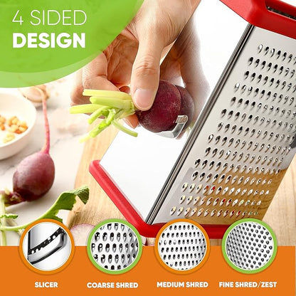 Spring Chef Professional Cheese Grater - Stainless Steel 4 Sided Box Grater for Kitchen, XL Size - Perfect Shredder for Parmesan Cheese, Carrot, Potato, Ginger - Dishwasher Safe - Red - Image 6