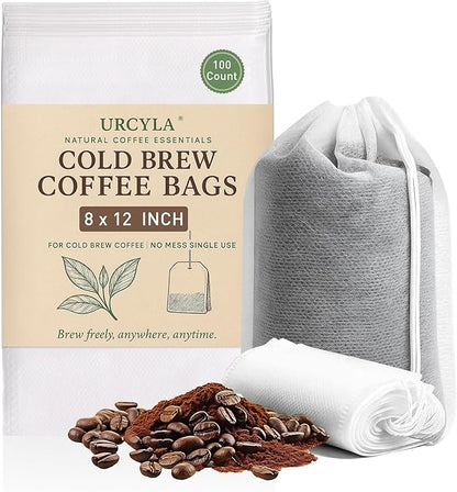 Cold Brew Bags, 100 Count Brew Coffee Filter Bags, 8 * 12 Inch Fine Mesh Drawstring Pouches, Fits Mason Jars & French Press, Ideal for Tea, Herbs & Spices by URCYLA