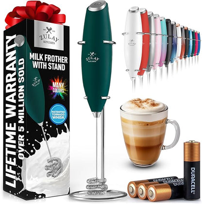 Zulay Kitchen Patented Tornado Triple Whisk Milk Frother with 4 Duracell Batteries – Handheld Foam Maker for Coffee, Lattes, Matcha & Hot Chocolate – Rich, Creamy Froth in Seconds - Dark Green by ZulayKitchen