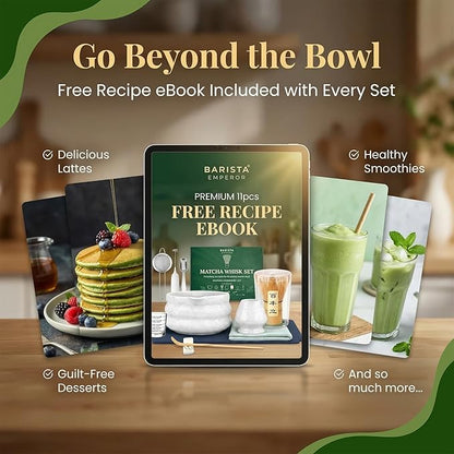 BARISTA EMPEROR® MATCHA WHISK SET PREMIUM 11pcs - Professional Matcha Kit Set with Matcha Bowl, Matcha Whisk, Milk Frother, Spoon, Sifter, Scoop, Stand, Cup, Tea Mat, Cloth - Matcha Bowl Set