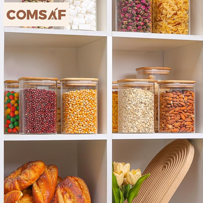 ComSaf 1.2 Qt Glass Storage Containers with Lids, Glass Jars with Lids, Clear Food Storage Jar, Square Canister Set of 9, Pantry Organizers and Storage for Cookie Flour Oat Pasta Tea Coffee Bean - Image 8
