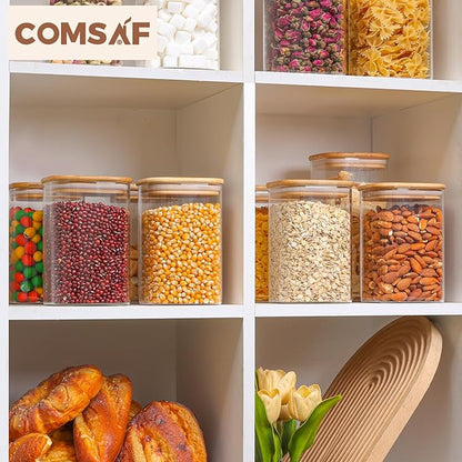ComSaf 1.2 Qt Glass Storage Containers with Lids, Glass Jars with Lids, Clear Food Storage Jar, Square Canister Set of 9, Pantry Organizers and Storage for Cookie Flour Oat Pasta Tea Coffee Bean - Image 8