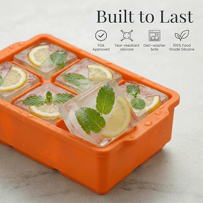 KitchFort Large Silicone Ice Cube Tray (2-Pack), Easy Release 2" Big Ice Cubes - Cocktail, Whiskey Ice Cubes Mold - Ice Trays for Freezer with Lid - Stackable Silicone Ice Tray - Orange - Image 2
