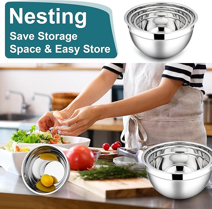 E-far Mixing Bowls with Lids, 6-Piece Stainless Steel Salad Bowls Metal Nesting Bowls for Baking Cooking and Prepping, Airtight Lids & Stackable Design, Size 4.5, 3, 1.5 QT (Blue) - Image 5