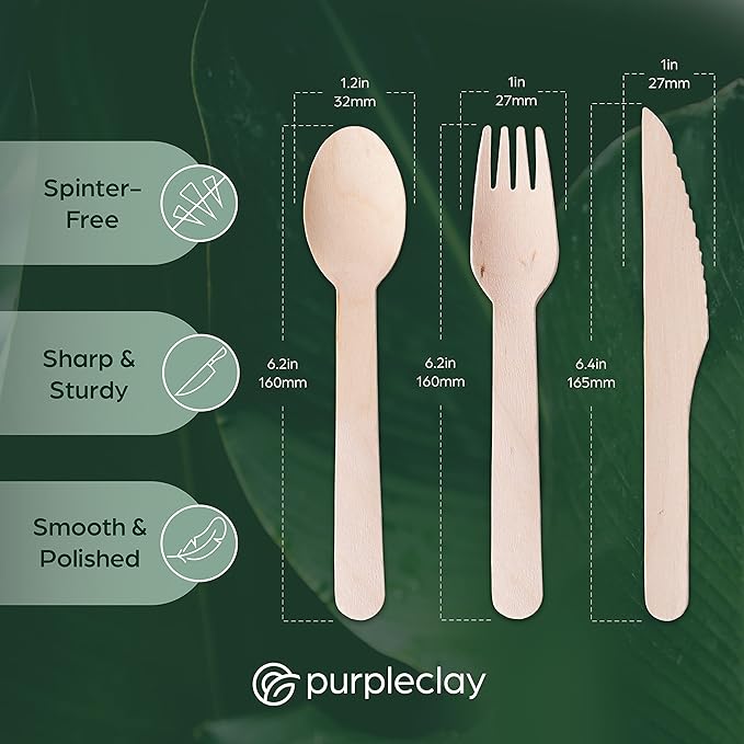 PURPLECLAY Wooden Disposable Utensils Set, 300 Pieces | Wrapped Utensils and Napkins, 100 Sets | Compostable Silverware for Parties | Eco Friendly, Plastic-Free Alternative to Bamboo Cutlery - Image 3