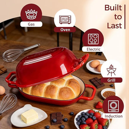 Oval Dutch Oven for Bread Baking, 12 x 8 Inch Cast Iron Bread Oven for Sourdough, Dutch Oven Bread baking Pan for a Crispy Crust, 5QT, Cherry
