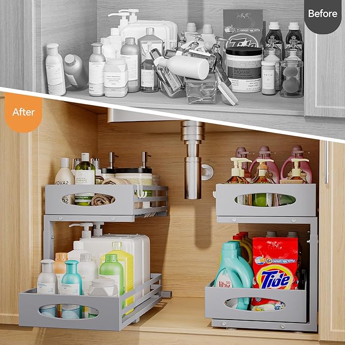 Under Sink Organizer, 2 Tier Under Sink Organizers and Storage, Adjustable Height, Slide out Metal Cabinet Organizers, Pull out Cabinet Storage Drawer Shelf for Kitchen Bathroom (Gray, 1 Pack) - Image 4
