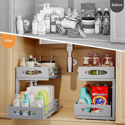 Under Sink Organizer, 2 Tier Under Sink Organizers and Storage, Adjustable Height, Slide out Metal Cabinet Organizers, Pull out Cabinet Storage Drawer Shelf for Kitchen Bathroom (Gray, 1 Pack) - Image 4