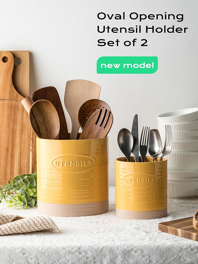 YHOSSEUN Kitchen Utensil Holder Set of 2, Ceramic Utensil Holder for Kitchen Counter, 6.7"+5.1" Cooking Utensil Crocks for Spatula, Oval Opening, Yellow - Image 2
