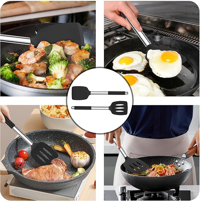 TeamFar Kitchen Utensils, 4 PCS Silicone Cooking Utensils Spatula Spoon Set with Stainless Steel Handle, for Frying Mixing Draining Turning, Healthy & Heat-proof, Non-stick & Dishwasher Safe - Black - Image 5