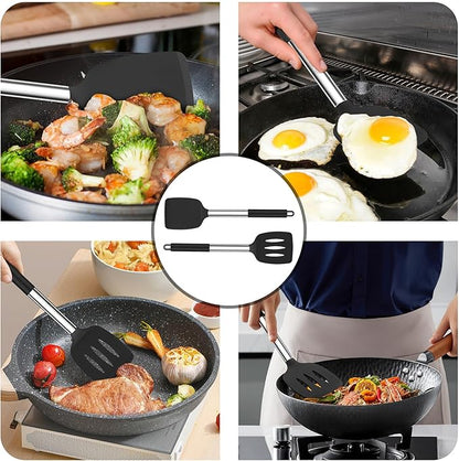 TeamFar Kitchen Utensils, 4 PCS Silicone Cooking Utensils Spatula Spoon Set with Stainless Steel Handle, for Frying Mixing Draining Turning, Healthy & Heat-proof, Non-stick & Dishwasher Safe - Black - Image 5