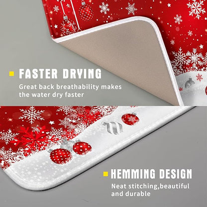 Giwawa Xmas Balls Dish Drying Mat for Kitchen Countertop Winter Red White Snowflakes Dish Drainer Mats 16x18inch Reversible Dish Drying Rack Pad Protector for Dining Holiday New Year Decor