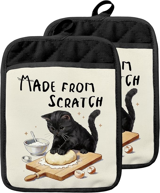 Black Cat Baking Pot Holders with Pockets, Made from Scratch Funny Black Cat Oven Pot Holders Heat Resistant Oven Mitts Hot Pads for Kitchen Baking Cooking