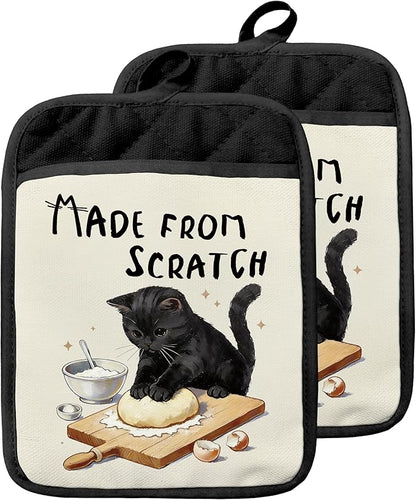 Black Cat Baking Pot Holders with Pockets, Made from Scratch Funny Black Cat Oven Pot Holders Heat Resistant Oven Mitts Hot Pads for Kitchen Baking Cooking