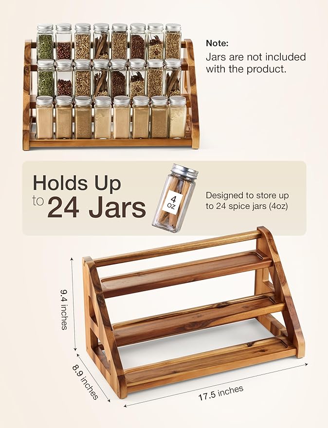 Tinamo Acacia Wood Spice Rack for Countertop - Wooden Tray Holds 24 Jars Spice Racks Organizer for Storage Shelf - 3 Tiered Spice Rack Organizer for Cabinet - Spice Shelf for Kitchen Pantry (Acacia) - Image 3